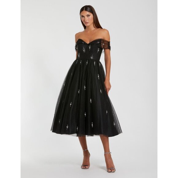 Mac Duggal 26498 Off The Shoulder Embellished Tulle Cocktail Dress in Black Size